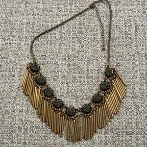 Gold Fringe Statement Necklace with Dark Green Stones